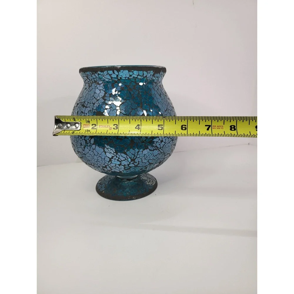 Blue Mosaic Glass Vase Pedestal Urn Decorative Cracked Glass Teal Home Decor 7in